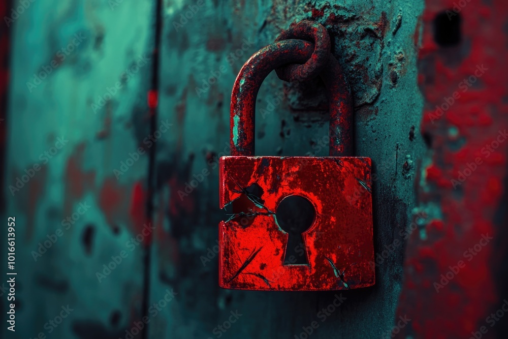 Poster a red padlock sits atop a rusty door, conveying a sense of security and secrecy.