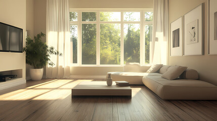 Fototapeta premium Generative AI, Modern Living Room with Low-Profile Sofa and Natural Light 
