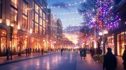 Fototapeta premium Festive City Street Illuminated with Vibrant Holiday Lights and Decorations