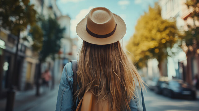 Fototapeta Dziewczyna w stylu boho spaceruje po miejskiej ulicy, emanowała swobodą i kreatywnością. Jej strój, pełen kolorowych tkanin i dodatków, idealnie wpisuje się w miejski krajobraz.