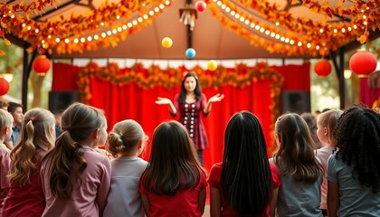Fototapeta premium Children watching a show inside a decorated and lit circus tent, seen from behind.