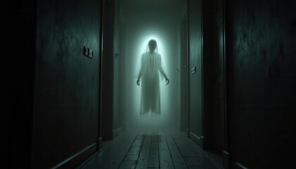 A haunting image of a spectral figure glowing at the end of a dimly lit hallway. An ethereal being clad in a flowing white veil hovers above the floor, its form shrouded in mist.