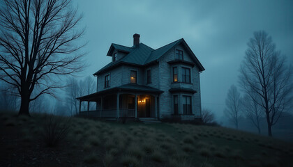 Haunted Victorian Mansion Under a Full Moon, With Eerie Glowing Windows and Fog Surrounding Dark Forest Trees