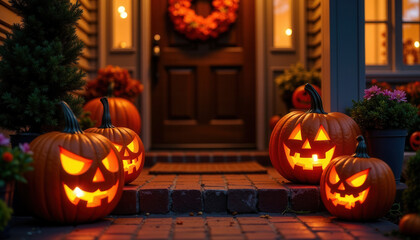 Obraz premium Glowing jack-o'-lanterns on a brick porch with a festive autumn wreath on the door, creating a warm Halloween ambiance with flickering candlelight and cozy seasonal decorations.