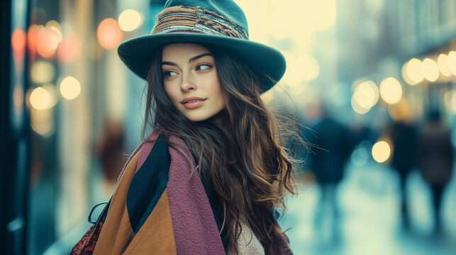 Fototapeta Dziewczyna w stylu boho spaceruje po miejskiej ulicy, emanowała swobodą i kreatywnością. Jej strój, pełen kolorowych tkanin i dodatków, idealnie wpisuje się w miejski krajobraz.