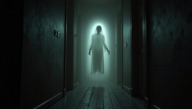 A haunting image of a spectral figure glowing at the end of a dimly lit hallway. An ethereal being clad in a flowing white veil hovers above the floor, its form shrouded in mist.