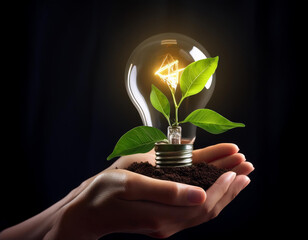 Concepto de ahorro energetico con unas manos sosteniendo una planta verde y una bombilla