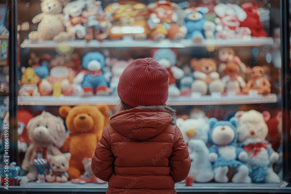 Aufkleber A curious child examines a colorful array of plush toys.