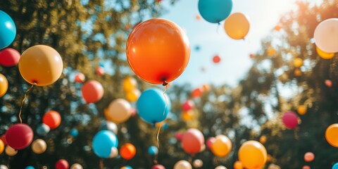 Eid Celebration Balloons, vibrant balloons drifting above a festive park scene, capturing the joy and color of Eid festivities in the air