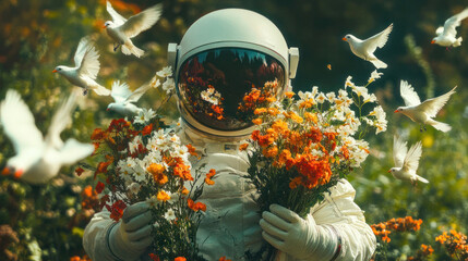 Cosmic traveler with flowers and flapping doves.