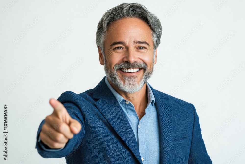 Poster a businessman in a blue suit pointing at the camera with a serious expression.