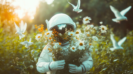 Serene astronaut with daisies and fluttering doves