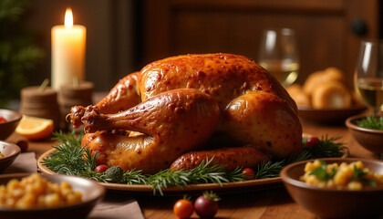 A golden roasted Thanksgiving turkey is served with garnish and candles, creating a warm and festive atmosphere for the holiday meal, while fresh herbs and vegetables add seasonal flavors.