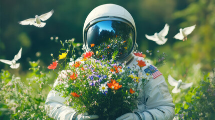 Fototapeta premium Astronaut with bouquet surrounded by peaceful birds