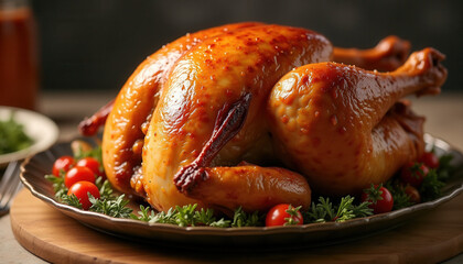 A golden roasted Thanksgiving turkey is served with garnish and candles, creating a warm and festive atmosphere for the holiday meal, while fresh herbs and vegetables add seasonal flavors.