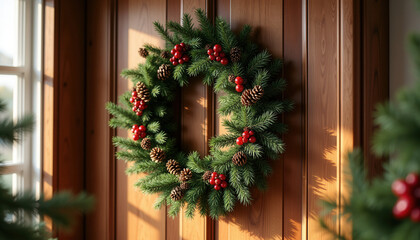 Beautiful Christmas wreath with pine branches, red berries and cones