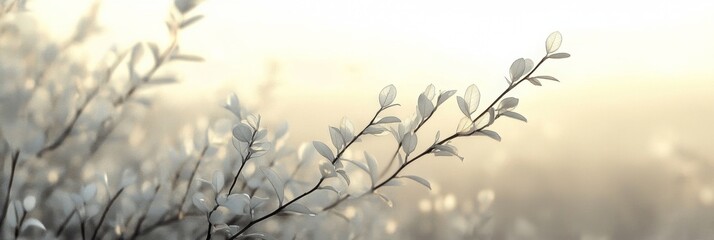 Obraz premium Vibrant Wild Shrub in Blurred Horizon Field, Lush Green Leaves and Branches, Nature's Serenity, Tranquil Landscape