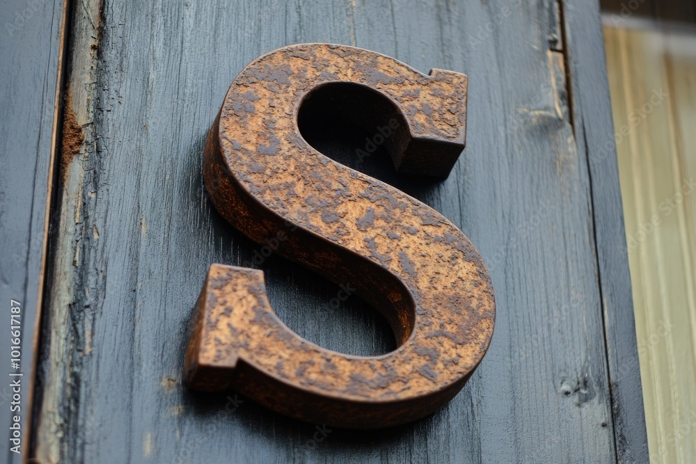 Poster a close-up shot of a metal letter s on a wooden door, perfect for use in designs and compositions th