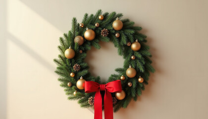 Beautiful Christmas wreath with pine branches, red berries and cones
