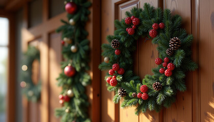 Beautiful Christmas wreath with pine branches, red berries and cones