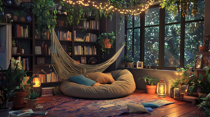 Generative AI, Cozy Reading Nook Ideas: Hammock, Plants, and Mismatched Bookshelves
