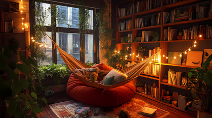 Generative AI, Cozy Reading Nook with Hammock and Mismatched Bookshelves
