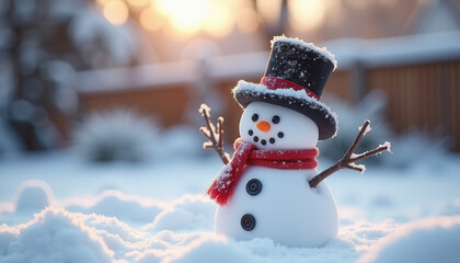 Happy snowman with sticks, button eyes and carrot nose standing in snowy forest winter landscape