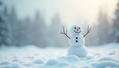 Happy snowman with sticks, button eyes and carrot nose standing in snowy forest winter landscape