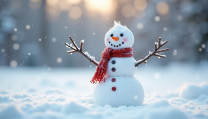 Happy snowman with sticks, button eyes and carrot nose standing in snowy forest winter landscape