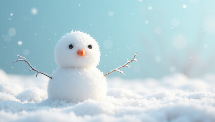 Happy snowman with sticks, button eyes and carrot nose standing in snowy forest winter landscape