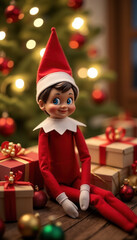 A festive elf figurine in a red suit sits surrounded by gifts
