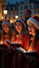 A group of women dressed in festive red coats and Santa hats singing Christmas carols by candlelight in a charming evening outdoor setting.