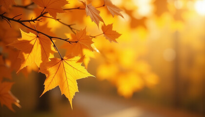 Obraz premium Vibrant autumn leaves in shades of red, orange, and yellow blanketing the ground, capturing the beauty of fall in soft golden sunlight