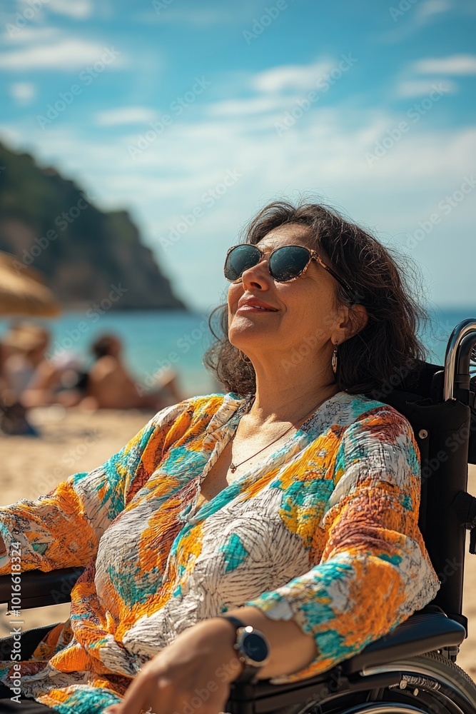 Sticker A woman in a wheelchair enjoys the sunshine and scenery on a sandy beach.