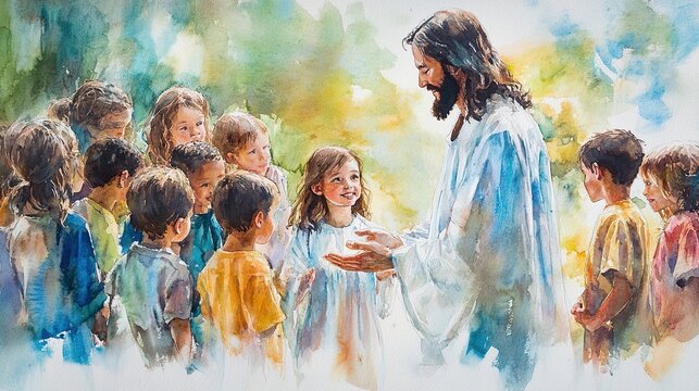 A serene watercolor painting depicting Jesus surrounded by joyful children, conveying themes of kindness, compassion, and spirituality.