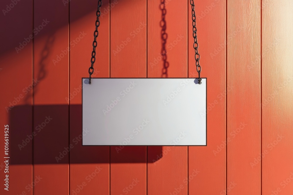 Poster a white sign hangs from a chain on a red wall, ready to be read.