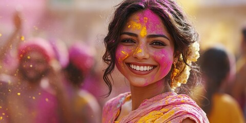 Joyful celebration, woman in vibrant Holi attire, face adorned with pink and yellow powder, smiling amidst a lively festival crowd