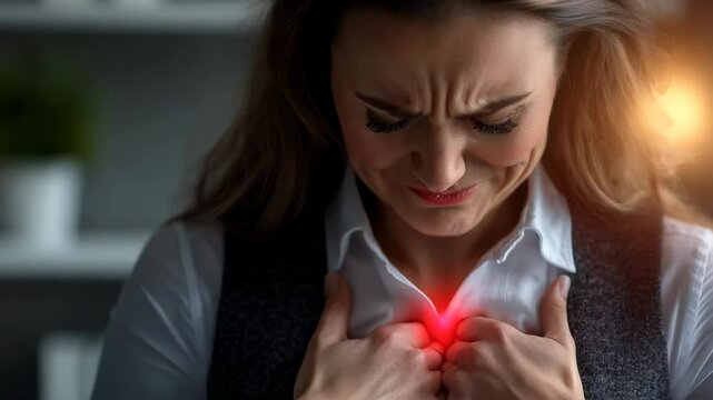 Health crisis: impact of a heart attack through a depiction of an individual gripping their chest, emphasizing severity of pain and distress associated with cardiac events in realistic scenari
