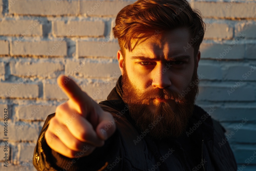 Poster a man with a beard looking directly at the camera.