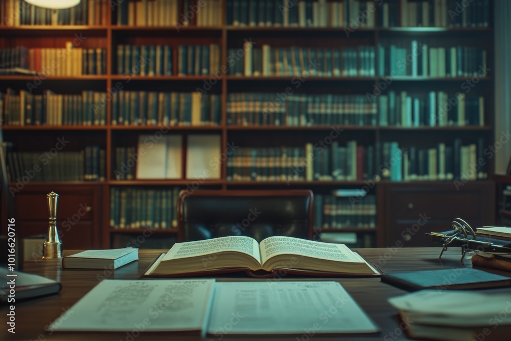 Poster an open book sits on top of a wooden desk, ready for reading and learning.
