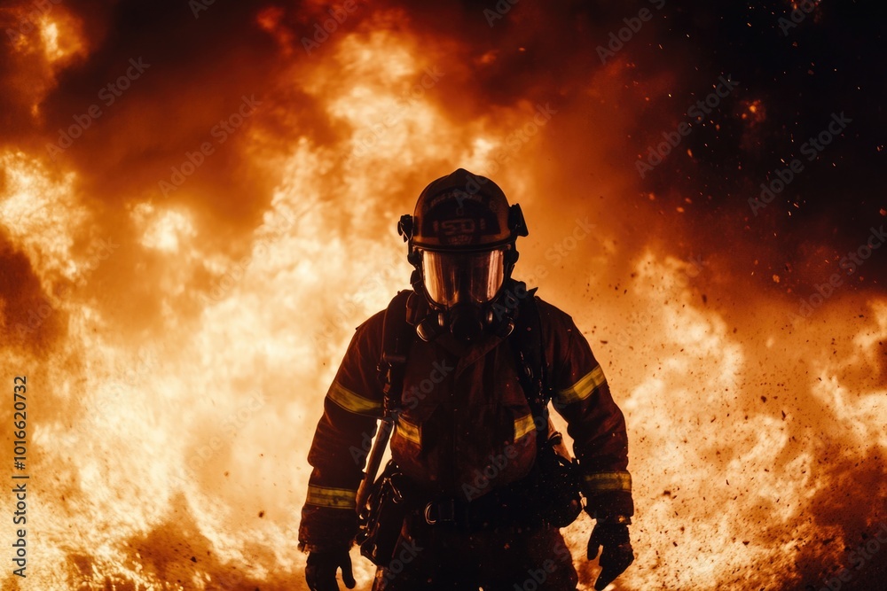 Poster a firefighter stands in front of a burning fire, ready to take action.