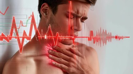 Cardiac event: visualizing intense moment of heart attack, capturing expression of discomfort and fear on a person face as they grasp their chest, underscoring importance of recognizing symptoms.