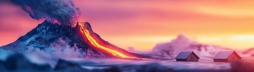Volcanic eruption with glowing lava and dramatic sunset, capturing nature's power and beauty.