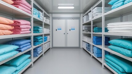 Organized storage room featuring neatly stacked colorful linens on shelves, creating a clean and efficient workspace