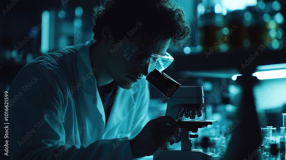 Fototapete a scientist in a lab coat looks at a sample under a microscope, for use in medical or science illust