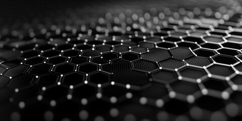 Naklejka premium Dynamic abstract polygons merging into a hexagonal network on a dark cyber grid, evoking a sense of digital innovation and connectivity
