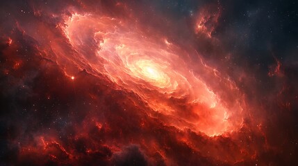 Obraz premium A fiery red nebula swirls in the vastness of space, with glowing stars and cosmic dust.