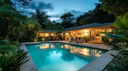 Obraz premium Holiday home with a lit swimming pool at dusk, surrounded by lush greenery and soft outdoor lighting.