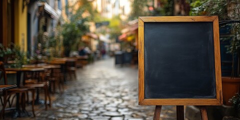 Chalkboard Sign at Caf&eacute; with Blurred Street Background, inviting ambiance, casual outdoor setting, urban charm, welcoming atmosphere