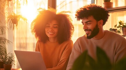Smiling Couple Enjoys Relaxing Together in Stylish Modern Living Room